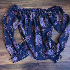 Aeropostale Sheer Blouse Women‎ Size Small Off The Shoulder Blue Floral